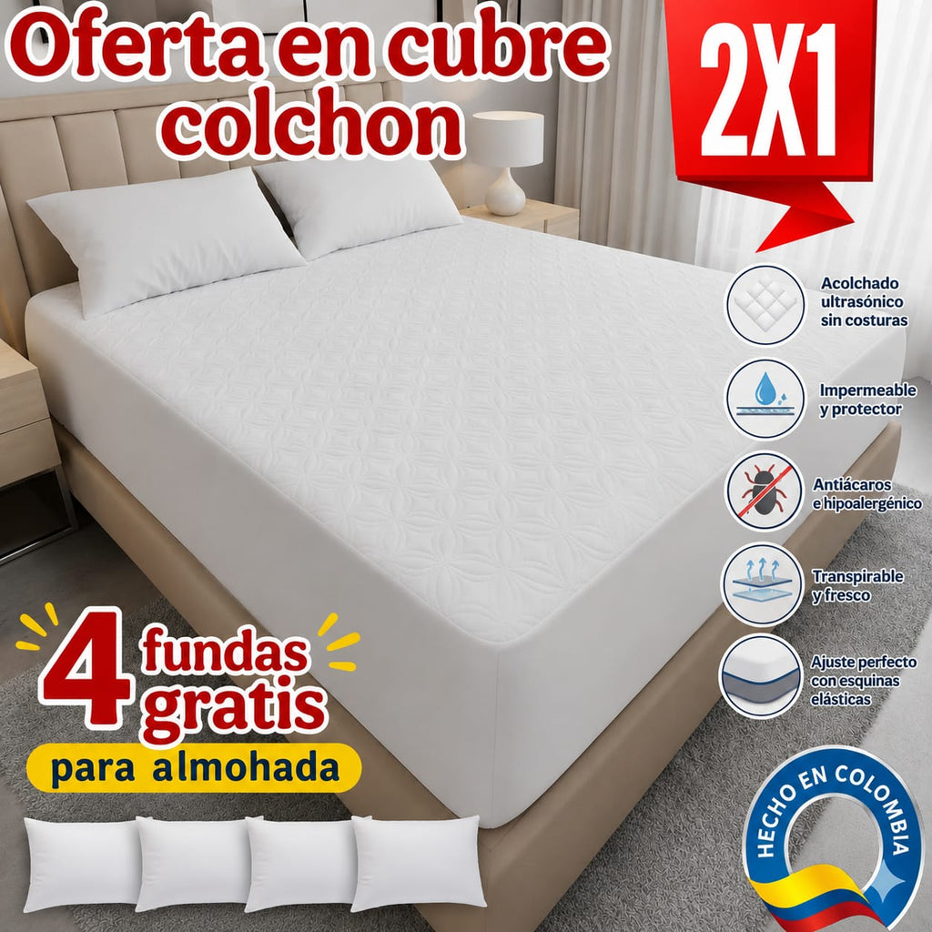 OFERTA EN CUBRE COLCHON PAGUE 1 LLEVE 2 + 4 FUNDAS DE ALMOHADA GRATIS
