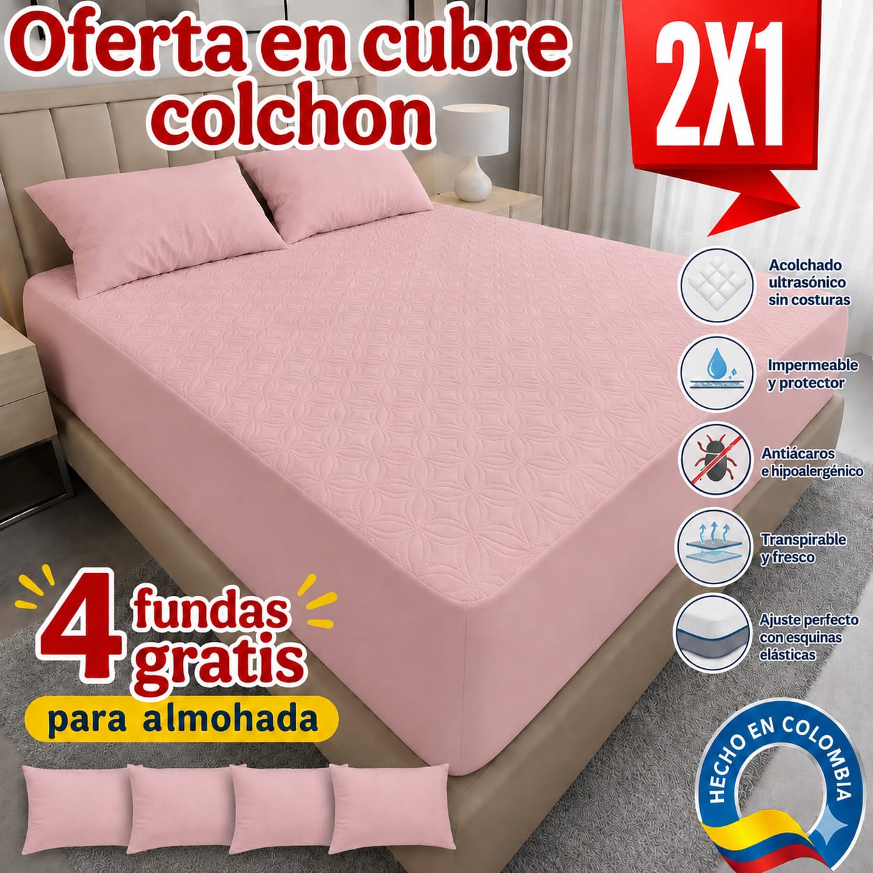 OFERTA EN CUBRE COLCHON PAGUE 1 LLEVE 2 + 4 FUNDAS DE ALMOHADA GRATIS