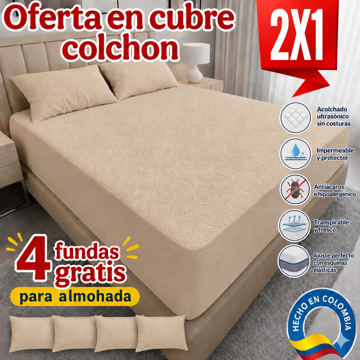 OFERTA EN CUBRE COLCHON PAGUE 1 LLEVE 2 + 4 FUNDAS DE ALMOHADA GRATIS